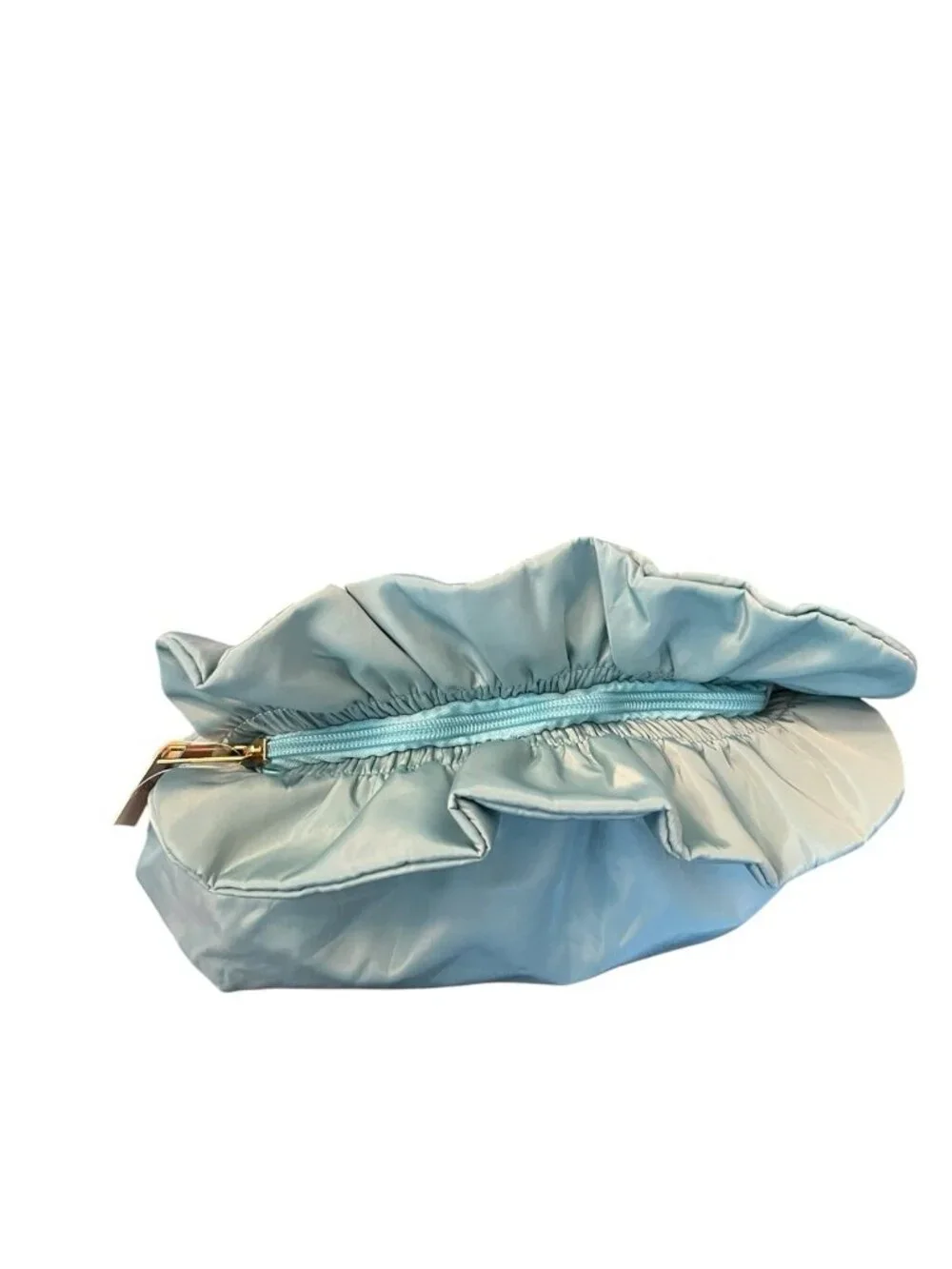 Turquoise Blue Satin Cosmetic Bag Makeup Purse Ruffle Bow Zips Soft Shell New